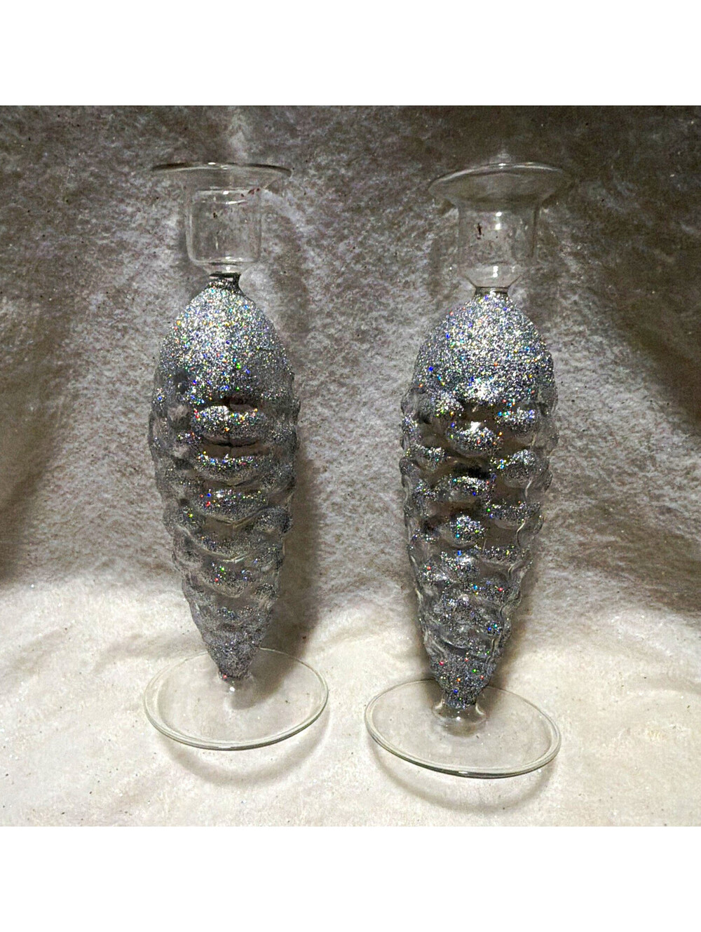 Clear Glass Candle Holders Set of 2 Silver Glitter Textured Abstract Pattern